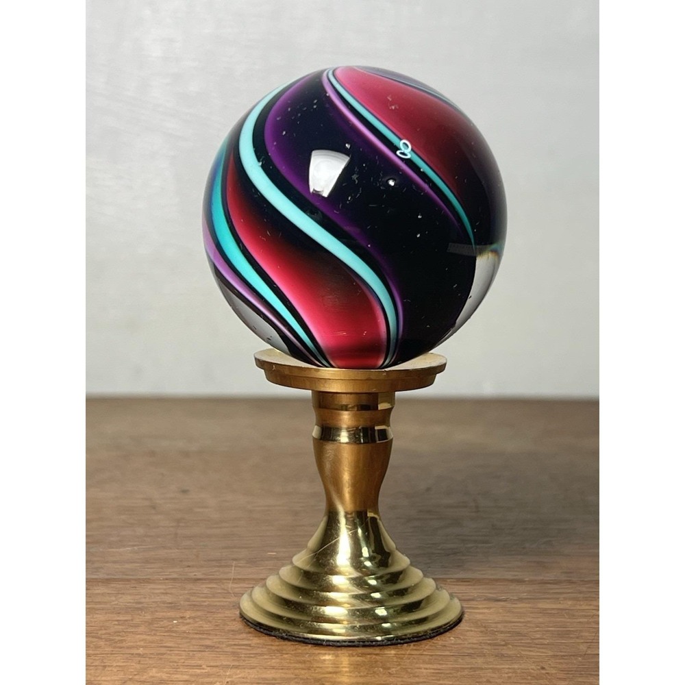 As Is-fleabites-handblown Art Glass Marble Paperweight W/Stand Black Purple Rare